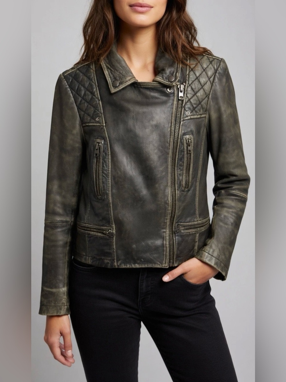 AllSaints Cargo Leather Biker Jacket in Distressed Grey Sheep Leather